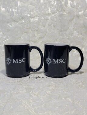 Set of 2 MSC Cruises Logo Coffee Mugs Navy Blue Ceramic Stackable Souvenir Cups